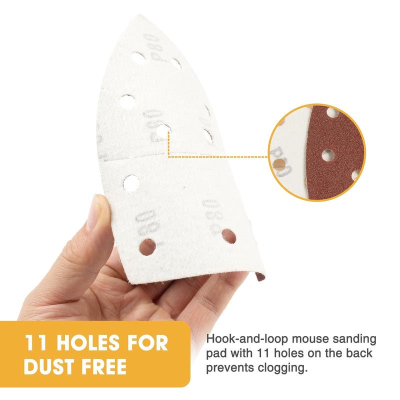 Shawya 50 PCS Mouse Sander Sandpaper for Mouse Sander 11 Hole Detail Sandpaper Sanding Paper 80 Grit Hook and Loop Sander Pads Triangular Sanding Sheets Abrasive Sanding Paper - Image 5